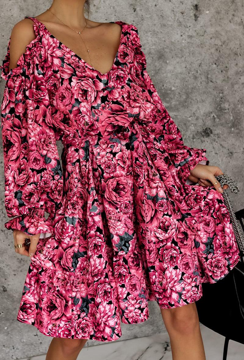 Vállán kivágott virágos ruha - CHILI dresses